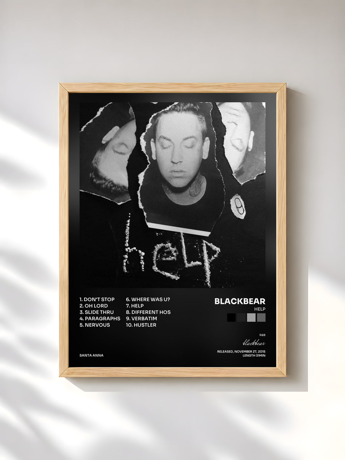 #bois Tableau de l'album help de blackbear, cadre en bois brut, imprimé et encadré en France