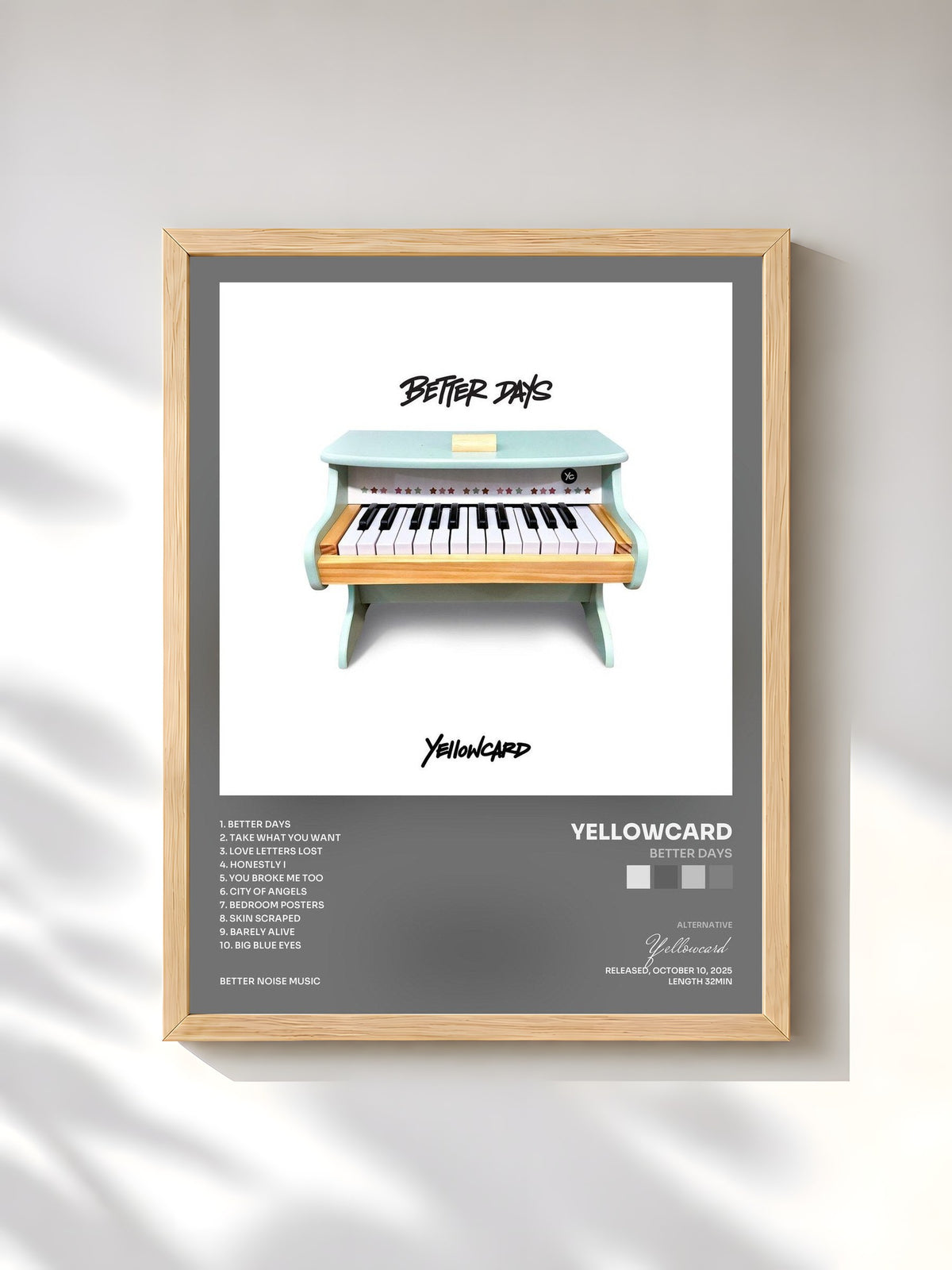 #bois Tableau de l'album Better Days de Yellowcard, cadre en bois brut, imprimé et encadré en France