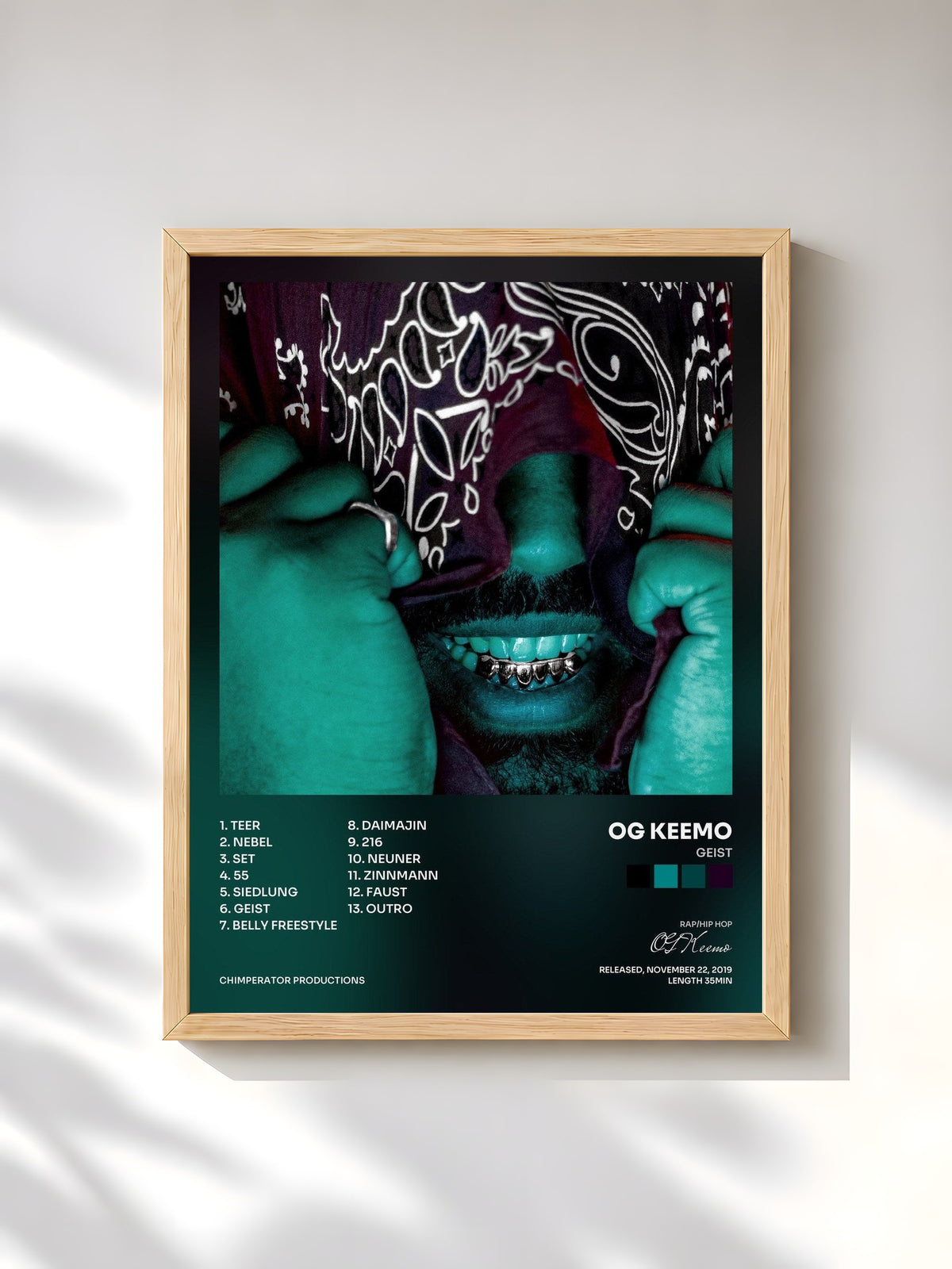 #bois Tableau de l'album Geist de OG Keemo, cadre en bois brut, imprimé et encadré en France