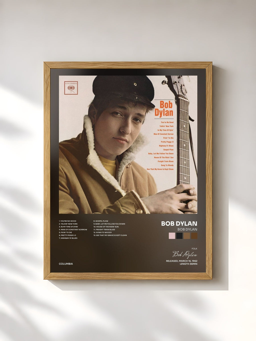 #bois Tableau de l'album Bob Dylan de Bob Dylan, cadre en bois brut, imprimé et encadré en France