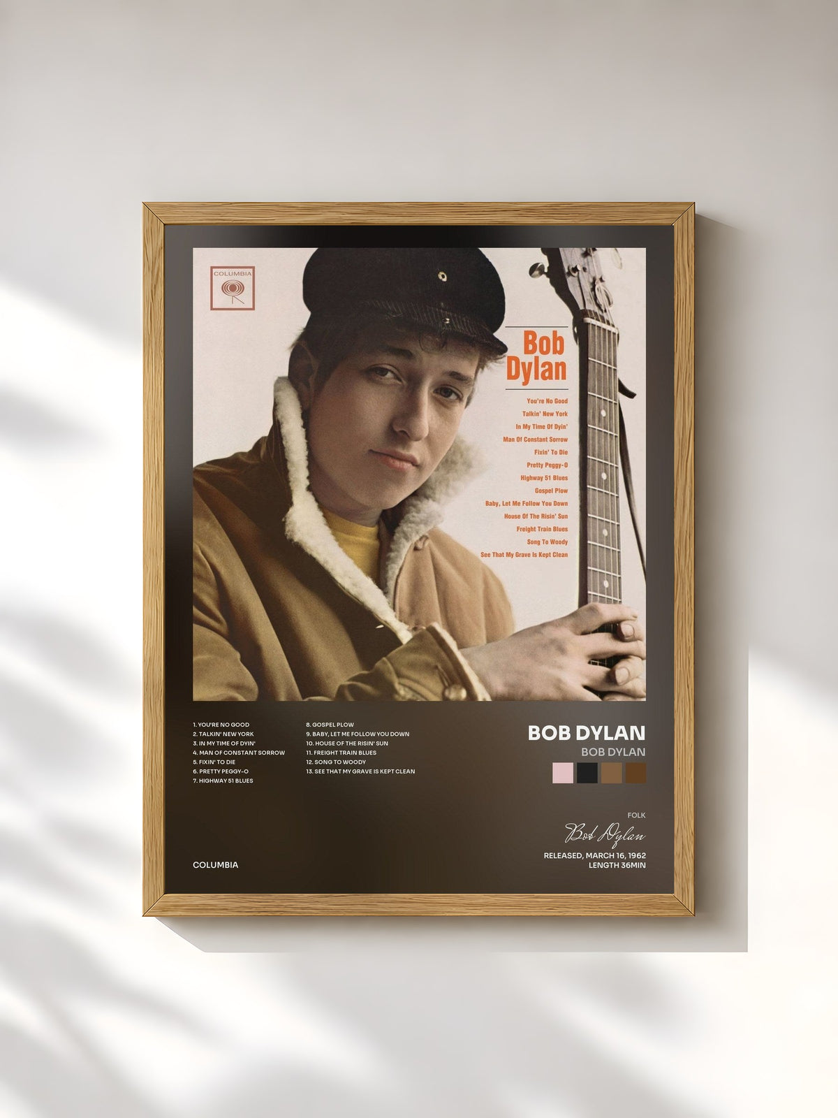 #bois Tableau de l'album Bob Dylan de Bob Dylan, cadre en bois brut, imprimé et encadré en France