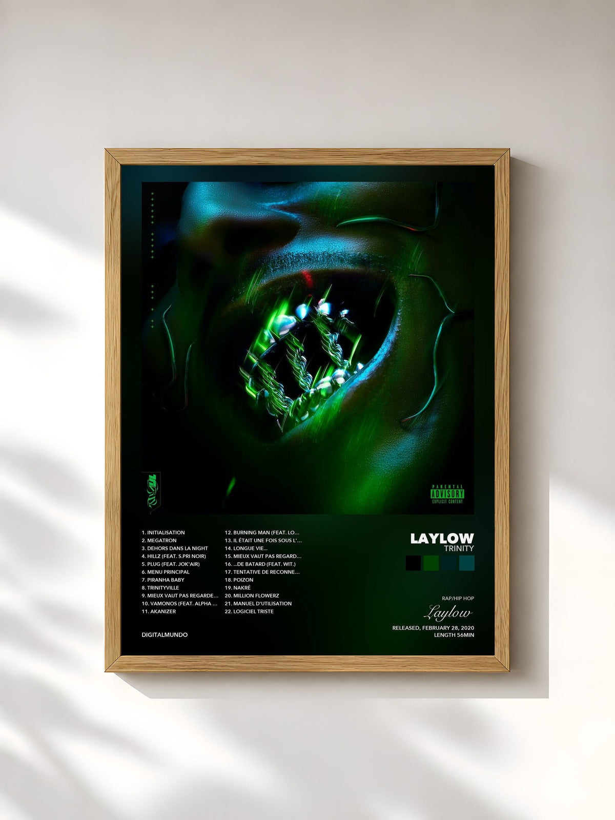 #bois Tableau de l'album TRINITY de Laylow, cadre en bois brut, imprimé et encadré en France