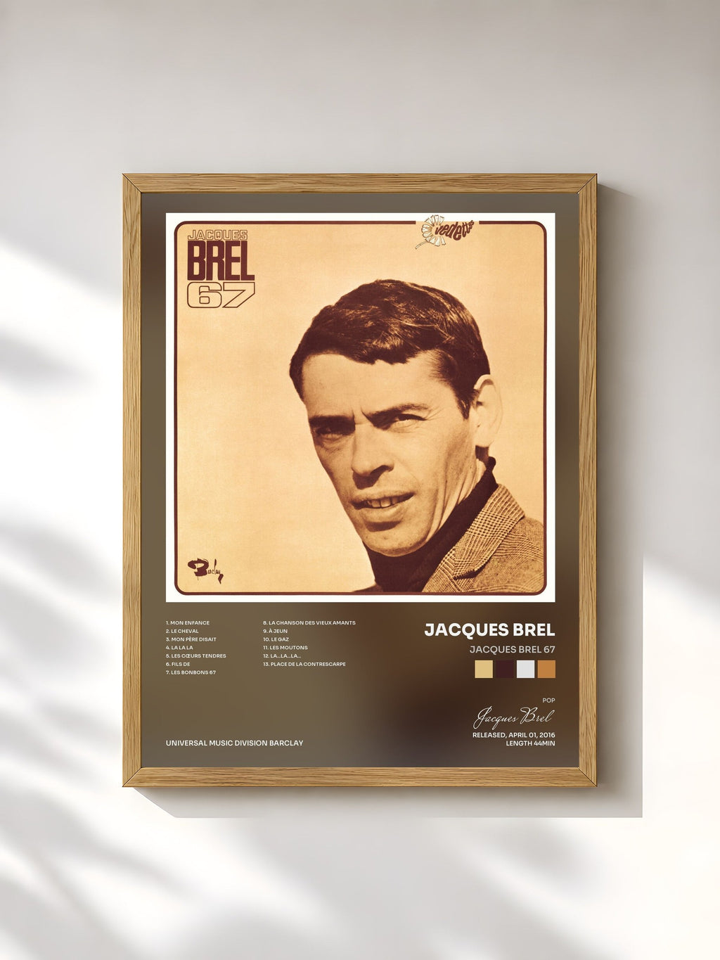 #bois Tableau de l'album Jacques Brel 67 de Jacques Brel, cadre en bois brut, imprimé et encadré en France
