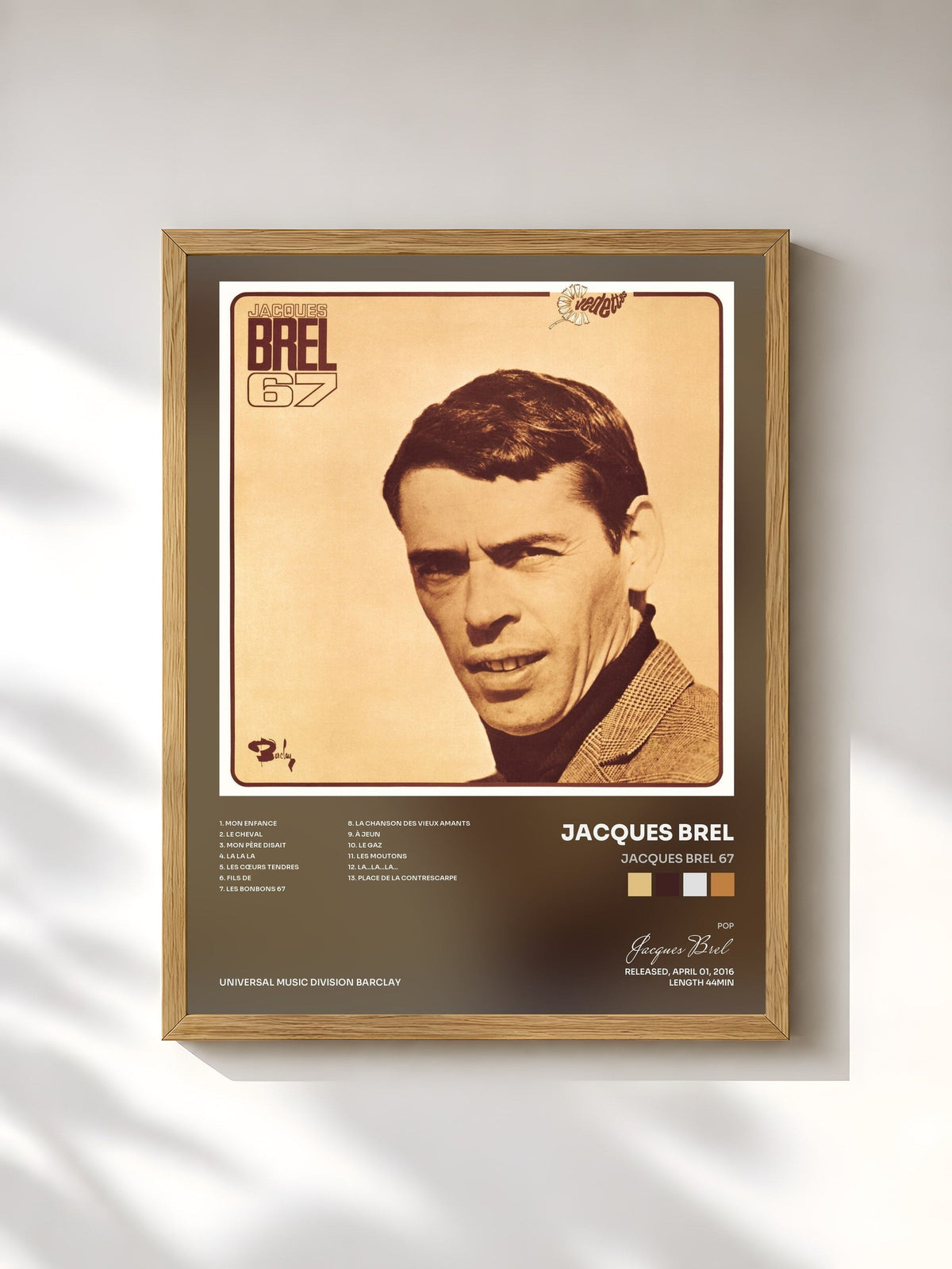 #bois Tableau de l'album Jacques Brel 67 de Jacques Brel, cadre en bois brut, imprimé et encadré en France