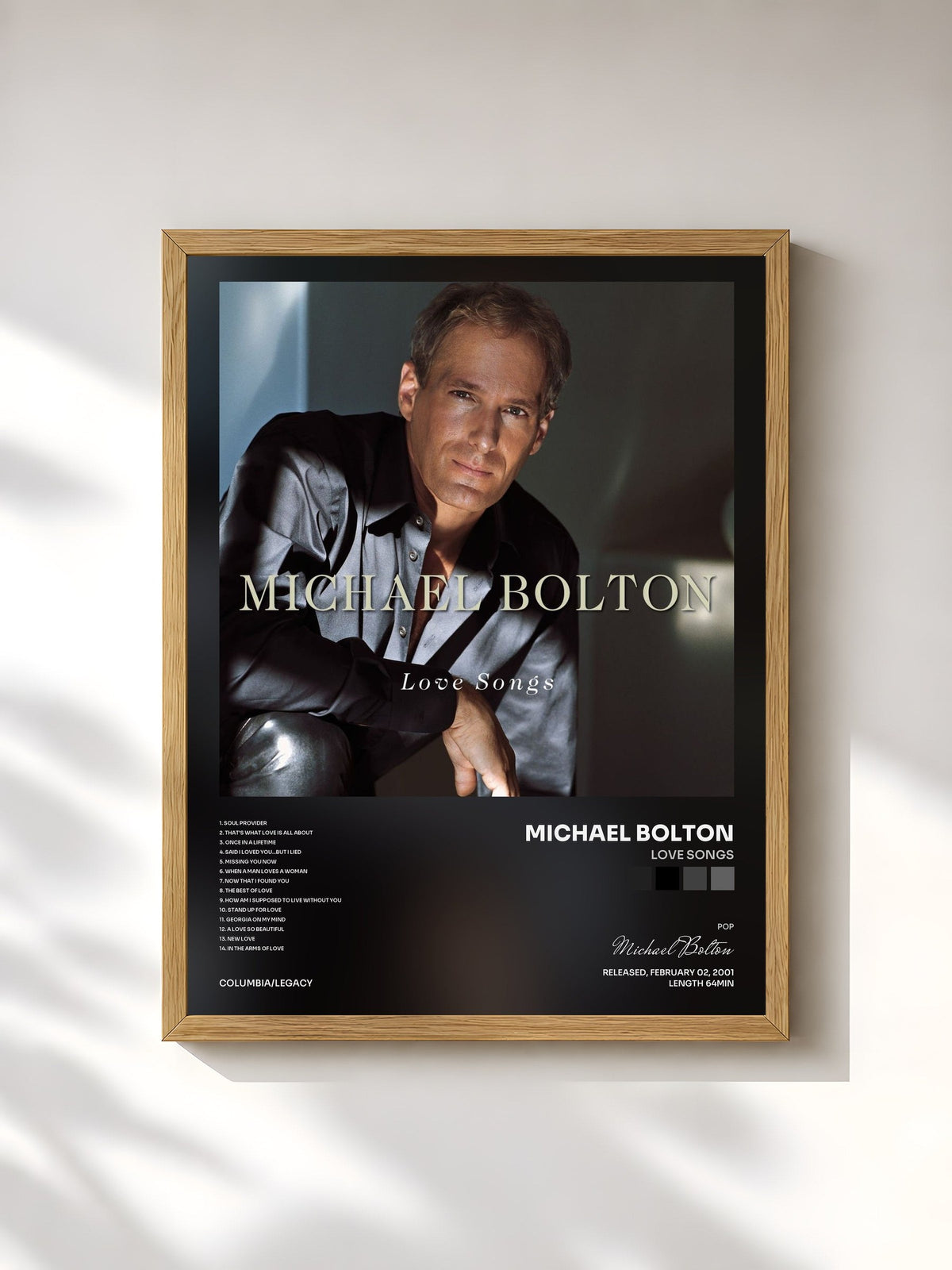#bois Tableau de l'album Love Songs de Michael Bolton, cadre en bois brut, imprimé et encadré en France