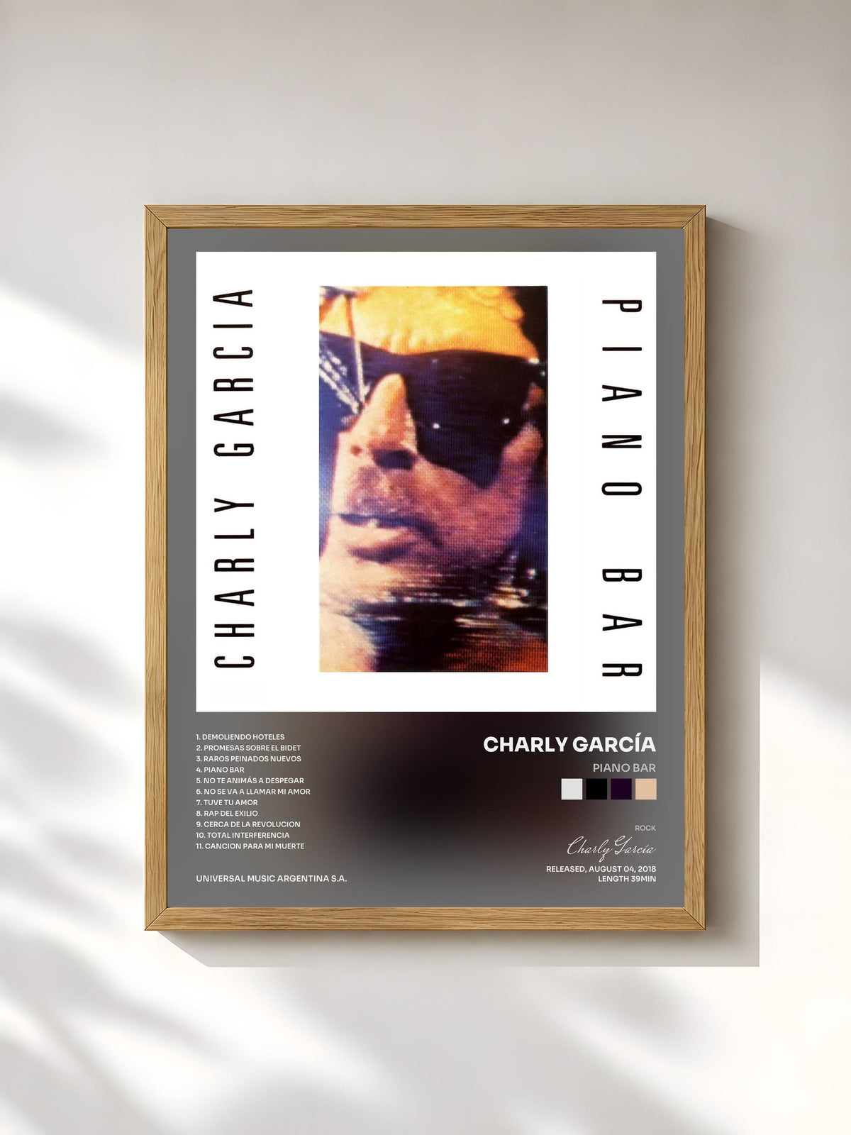 #bois Tableau de l'album Piano Bar de Charly García, cadre en bois brut, imprimé et encadré en France