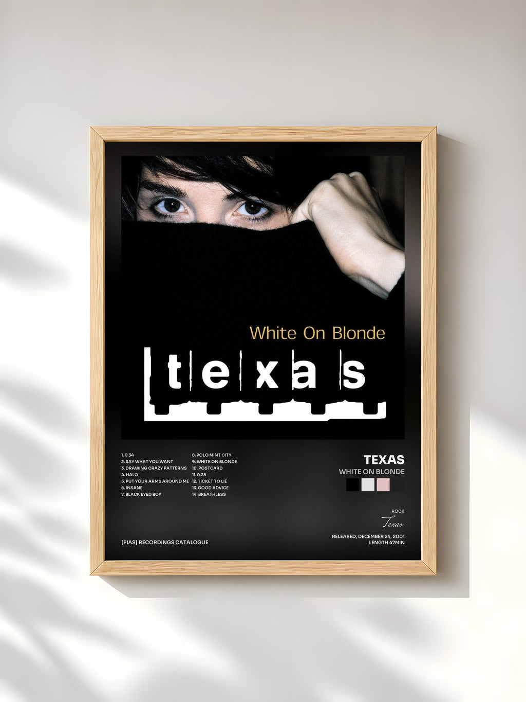 #bois Tableau de l'album White On Blonde de Texas, cadre en bois brut, imprimé et encadré en France