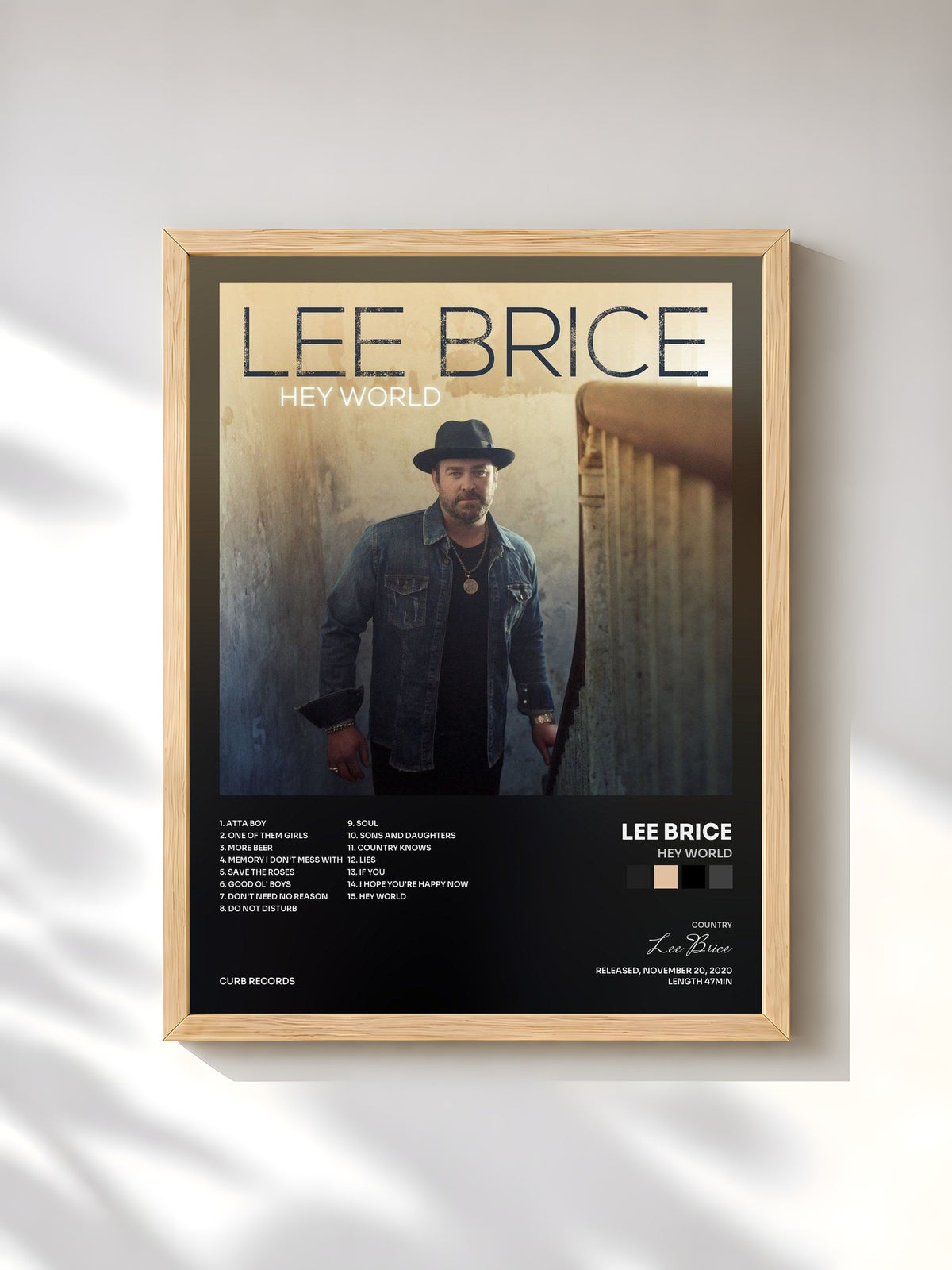 #bois Tableau de l'album Hey World de Lee Brice, cadre en bois brut, imprimé et encadré en France