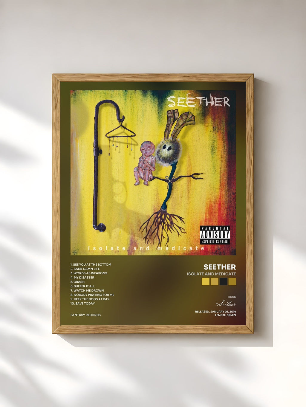 #bois Tableau de l'album Isolate And Medicate de Seether, cadre en bois brut, imprimé et encadré en France