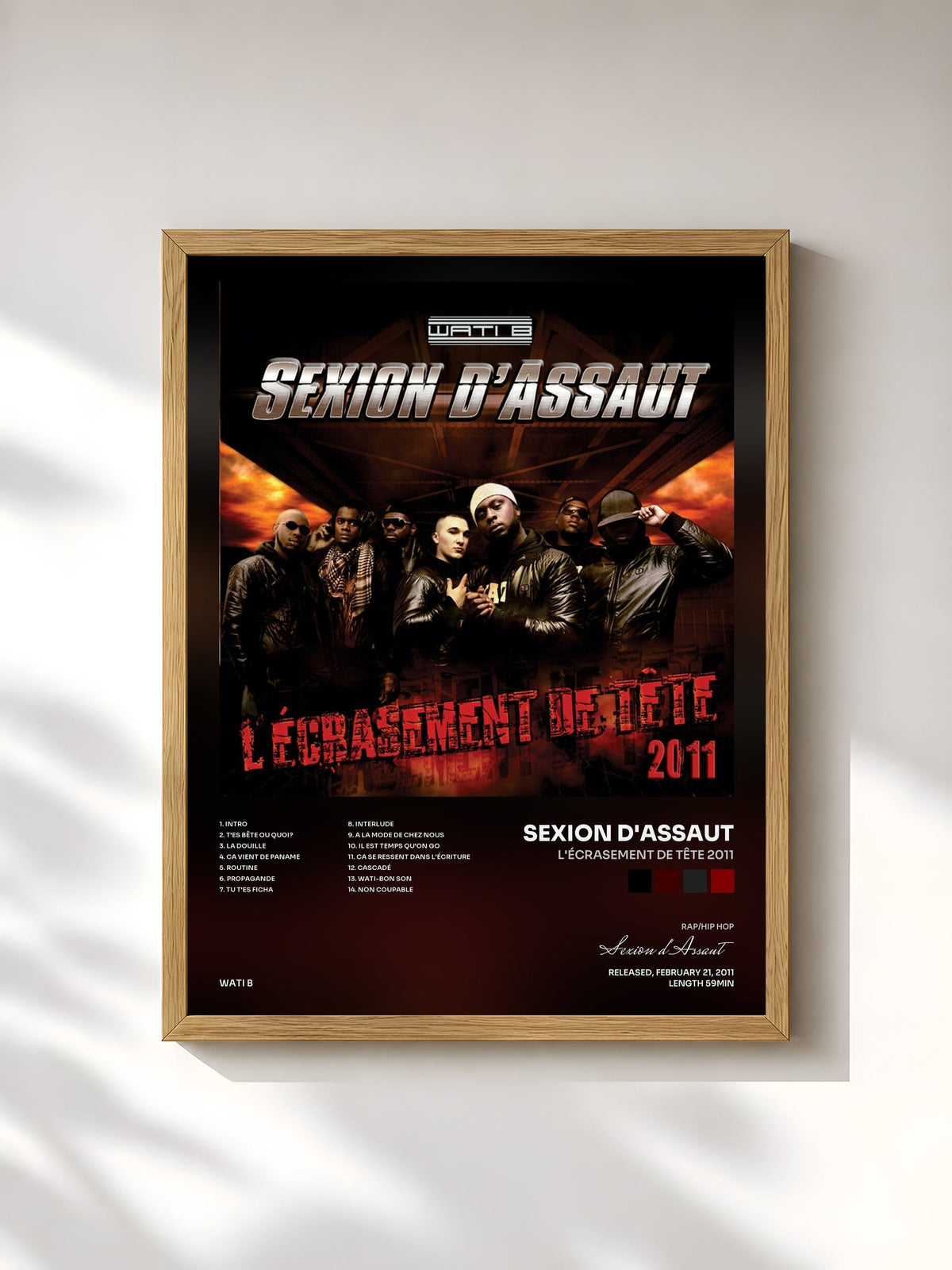 #bois Tableau de l'album L'écrasement de Tête 2011 de Sexion d'Assaut, cadre en bois brut, imprimé et encadré en France