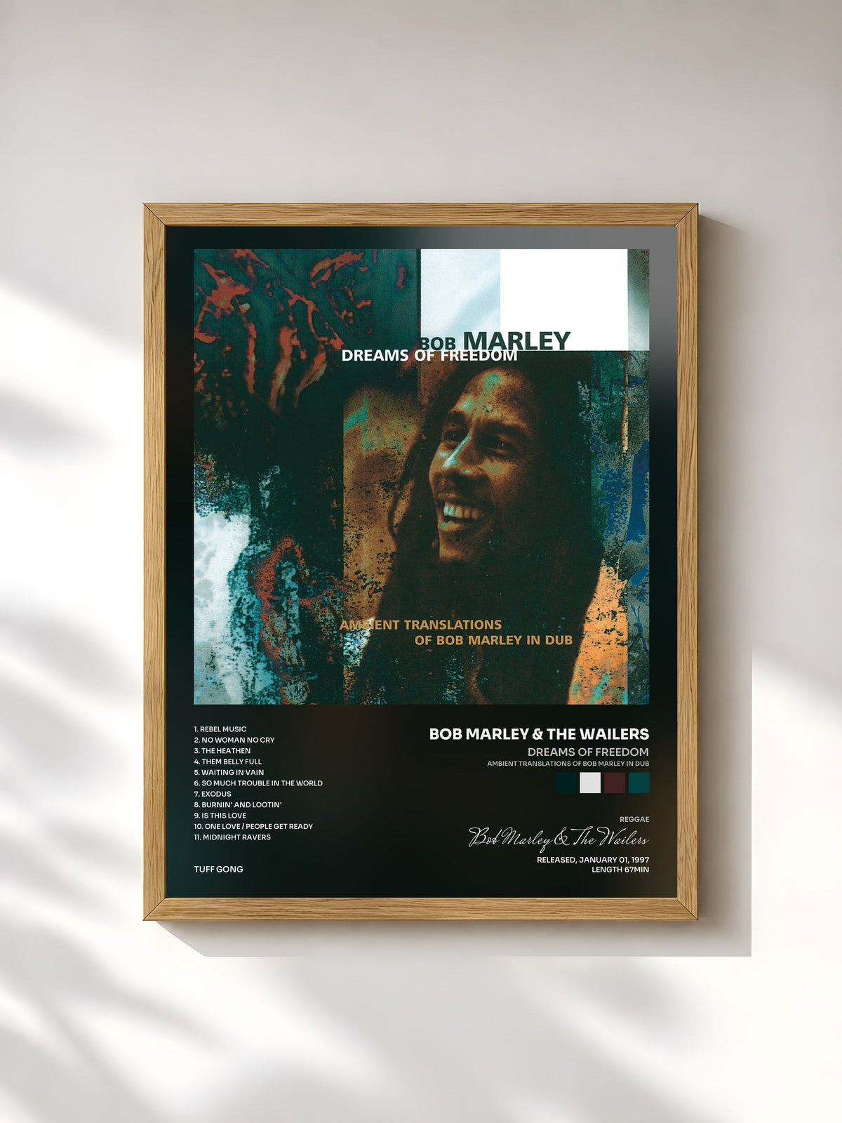 #bois Tableau de l'album Dreams Of Freedom (Ambient Translations Of Bob Marley In Dub) de Bob Marley & The Wailers, cadre en bois brut, imprimé et encadré en France