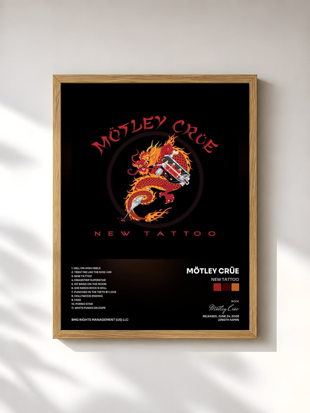 #bois Tableau de l'album New Tattoo de Mötley Crüe, cadre en bois brut, imprimé et encadré en France