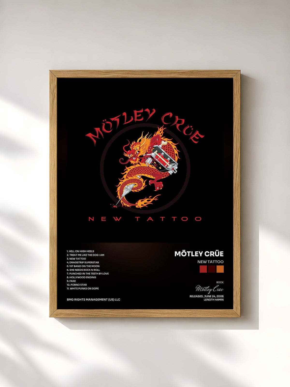 #bois Tableau de l'album New Tattoo de Mötley Crüe, cadre en bois brut, imprimé et encadré en France
