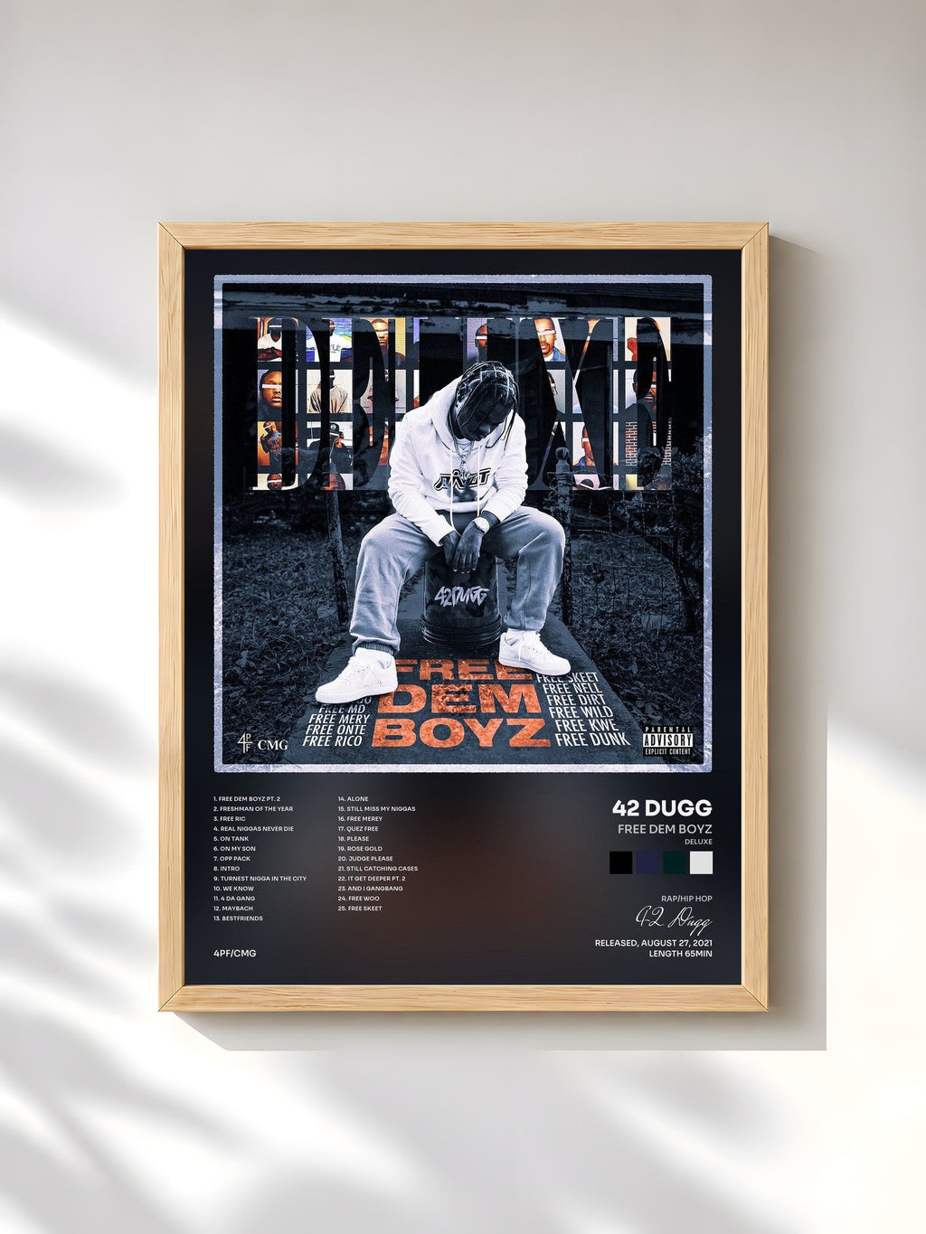 #bois Tableau de l'album Free Dem Boyz (Deluxe) de 42 Dugg, cadre en bois brut, imprimé et encadré en France