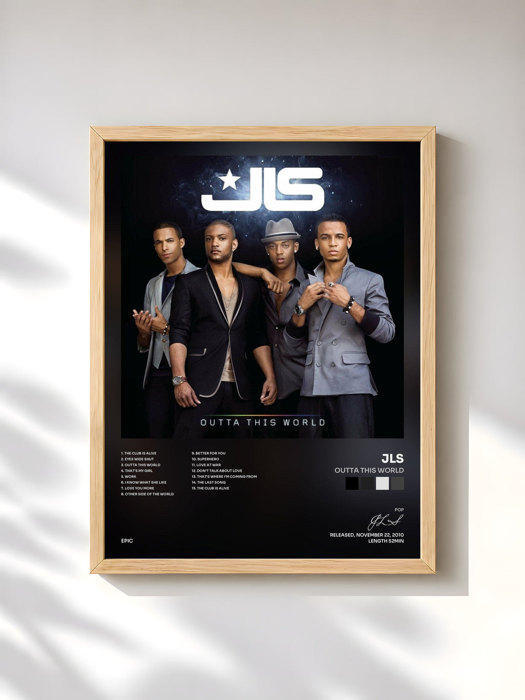 #bois Tableau de l'album Outta This World de JLS, cadre en bois brut, imprimé et encadré en France