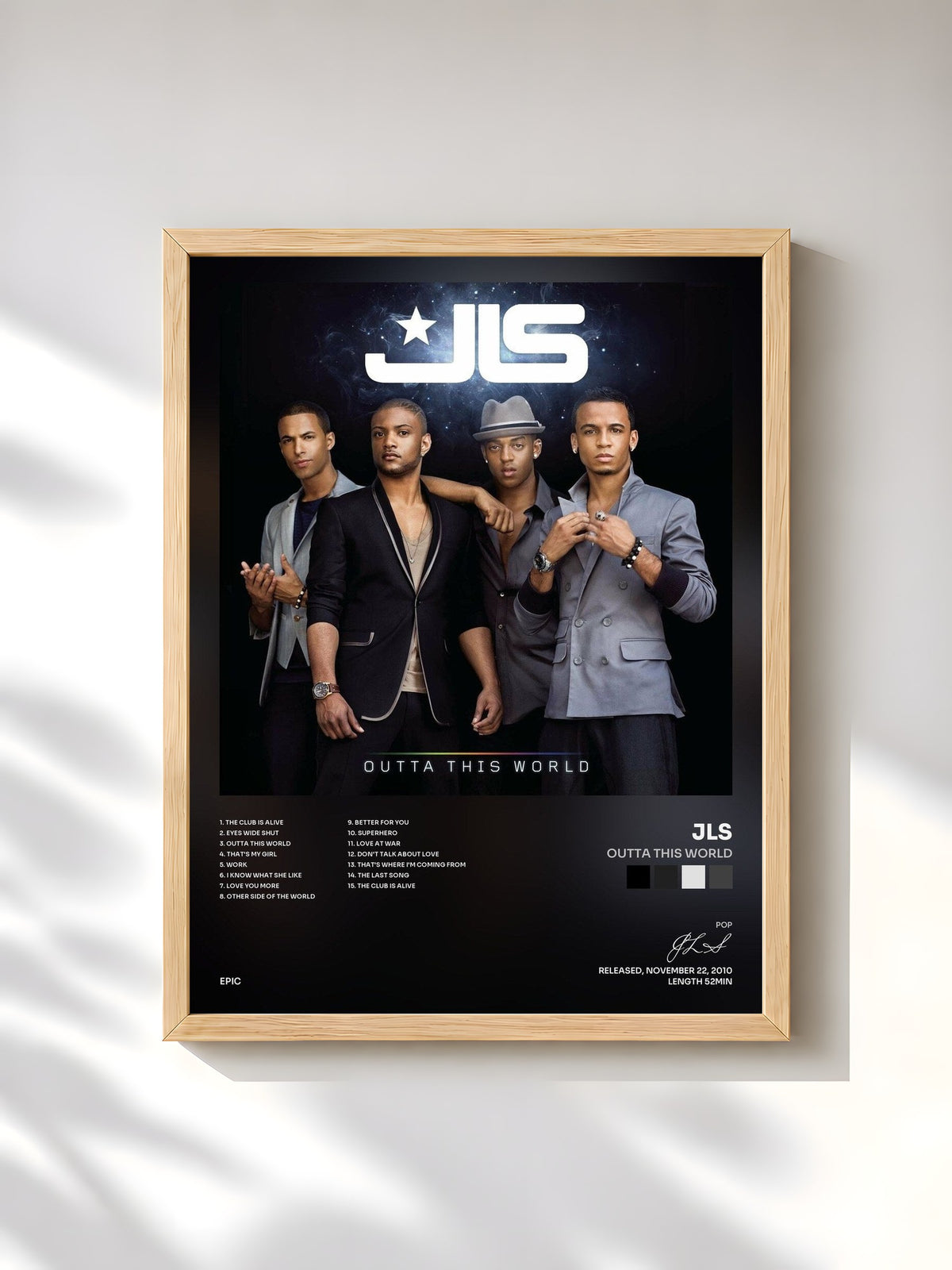 #bois Tableau de l'album Outta This World de JLS, cadre en bois brut, imprimé et encadré en France