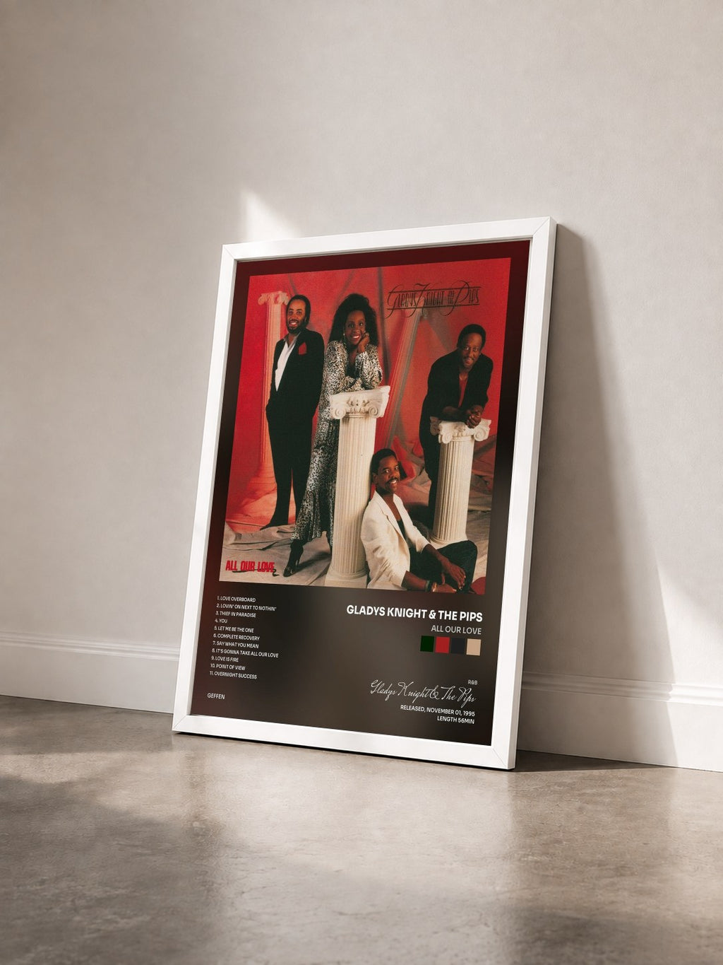 #blanc Tableau de l'album All Our Love de Gladys Knight & The Pips vu de trois quarts, cadre blanc