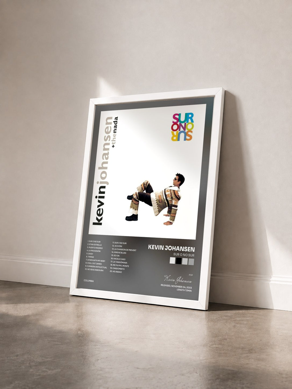 #blanc Tableau de l'album Sur o No Sur de Kevin Johansen vu de trois quarts, cadre blanc
