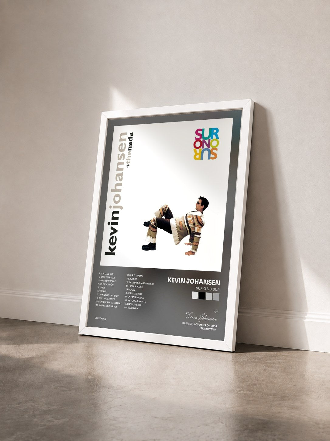 #blanc Tableau de l'album Sur o No Sur de Kevin Johansen vu de trois quarts, cadre blanc