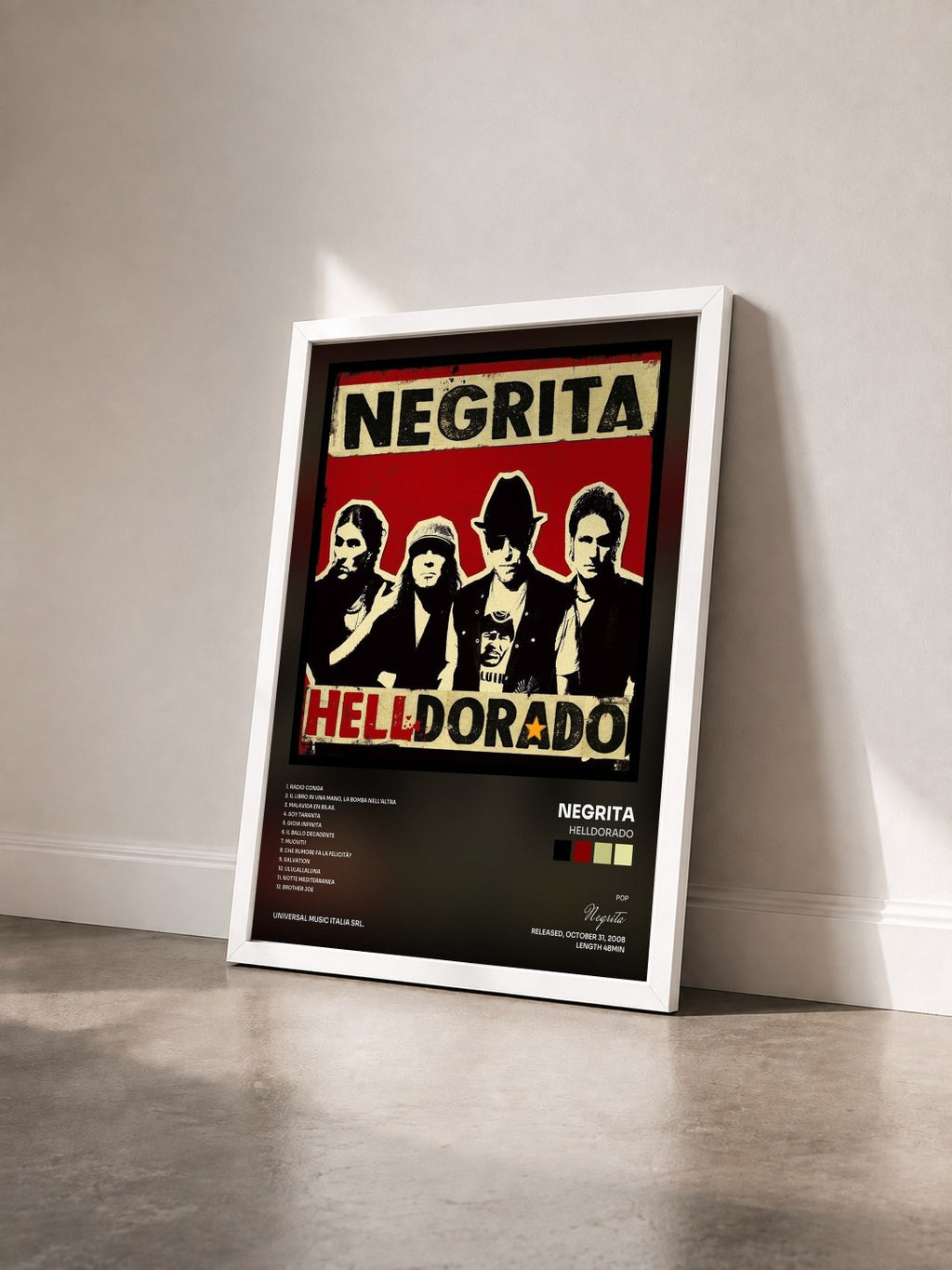 #blanc Tableau de l'album Helldorado de Negrita vu de trois quarts, cadre blanc