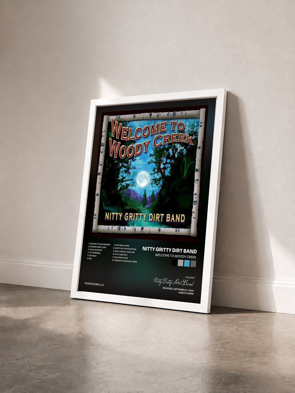 #blanc Tableau de l'album Welcome to Woody Creek de Nitty Gritty Dirt Band vu de trois quarts, cadre blanc