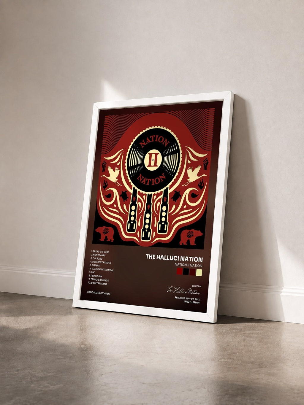 #blanc Tableau de l'album Nation II Nation de The Halluci Nation vu de trois quarts, cadre blanc