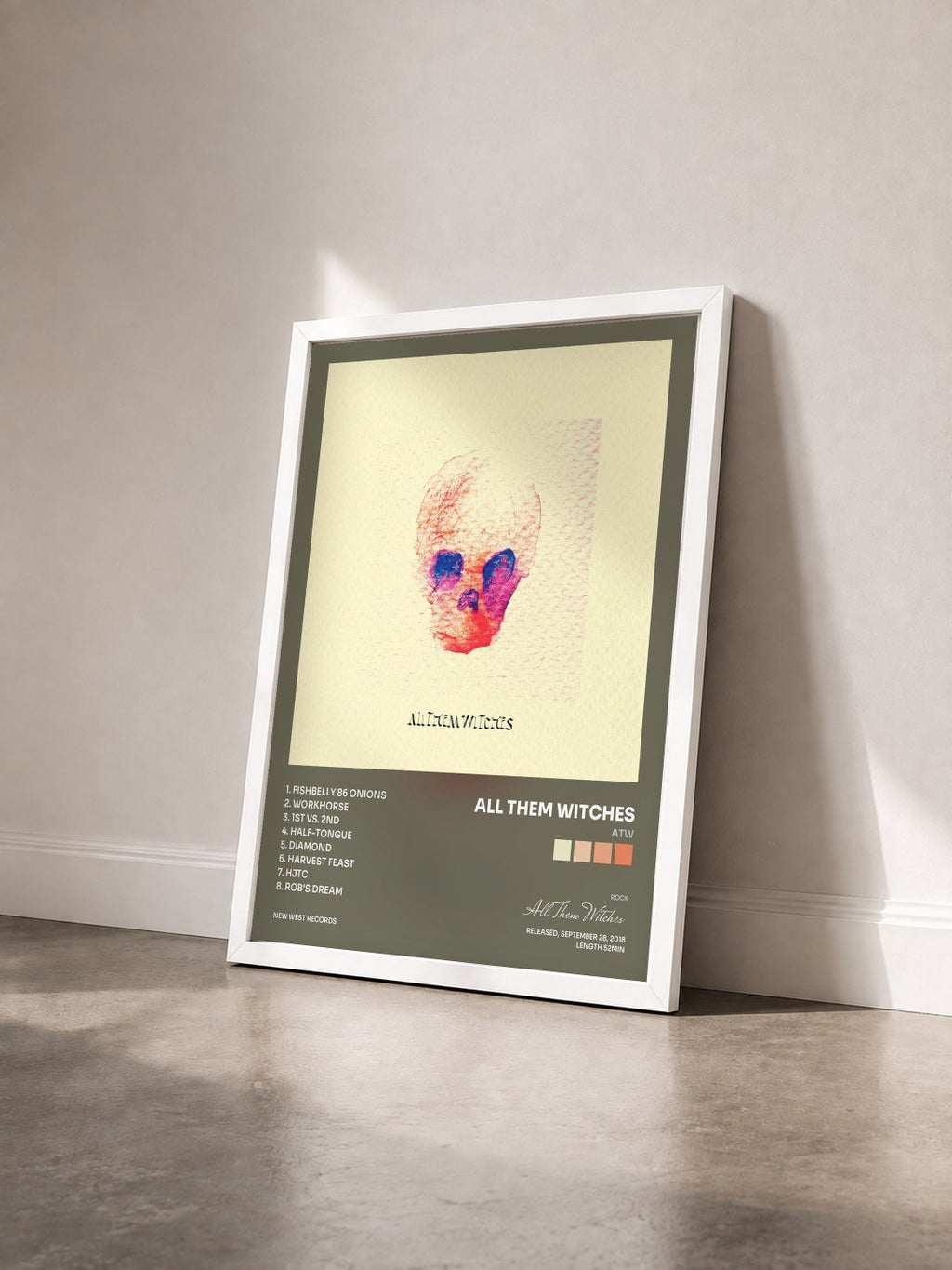 #blanc Tableau de l'album ATW de All Them Witches vu de trois quarts, cadre blanc