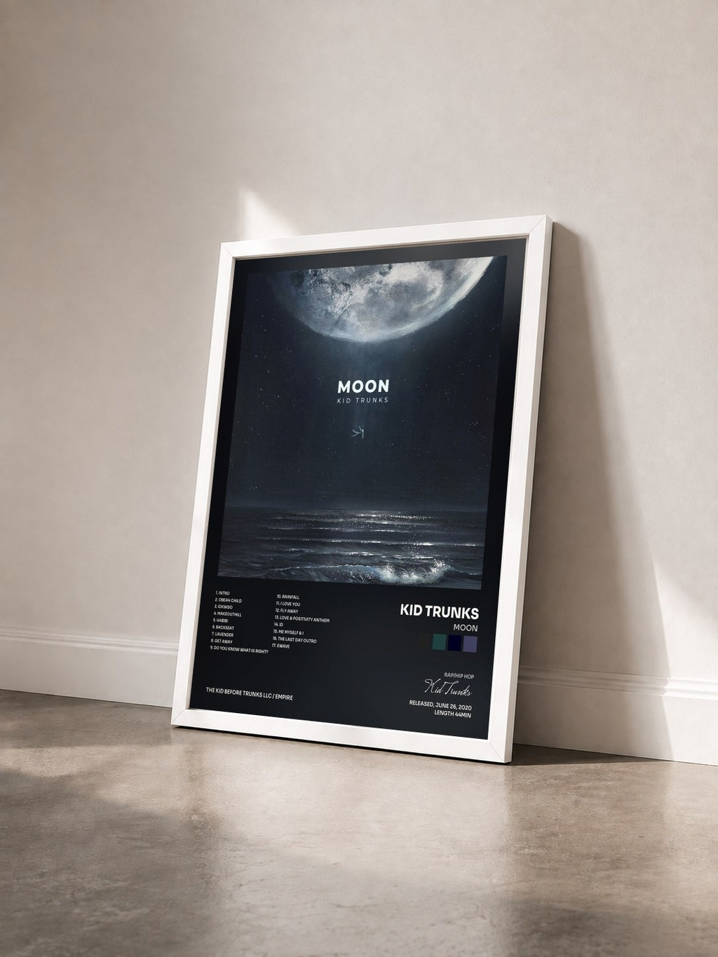 #blanc Tableau de l'album Moon de Kid Trunks vu de trois quarts, cadre blanc