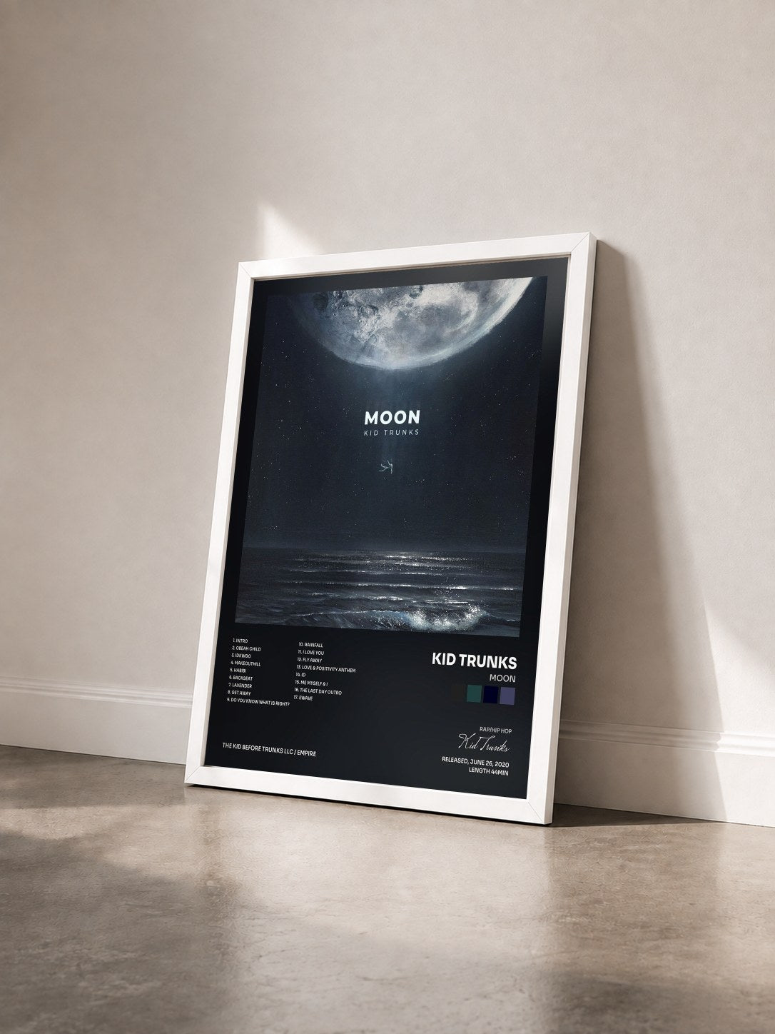 #blanc Tableau de l'album Moon de Kid Trunks vu de trois quarts, cadre blanc