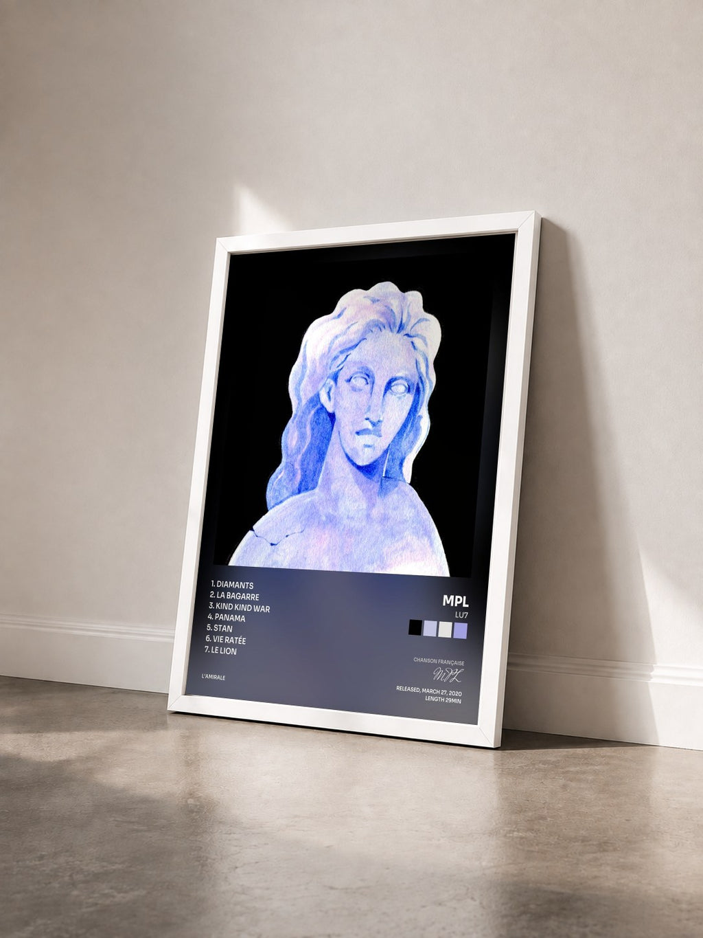 #blanc Tableau de l'album LU7 de MPL vu de trois quarts, cadre blanc