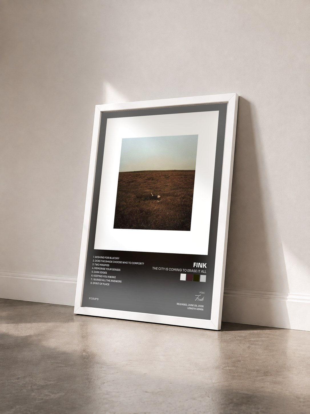 #blanc Tableau de l'album The City Is Coming To Erase It All de Fink vu de trois quarts, cadre blanc