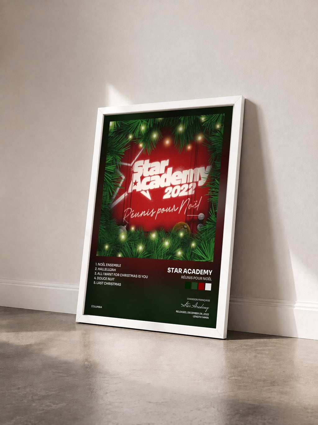 #blanc Tableau de l'album Réunis pour Noël de Star Academy vu de trois quarts, cadre blanc