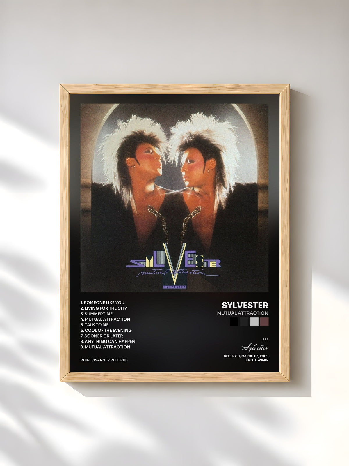 #bois Tableau de l'album Mutual Attraction de Sylvester, cadre en bois brut, imprimé et encadré en France