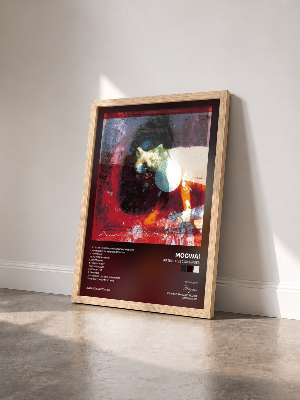 #bois Tableau de l'album As The Love Continues de Mogwai vu de trois quarts, cadre en bois brut
