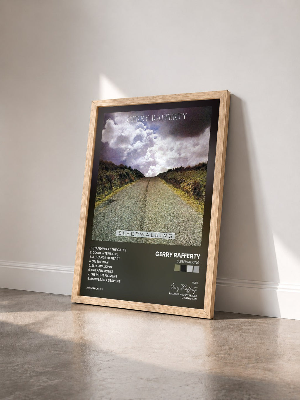 #bois Tableau de l'album Sleepwalking de Gerry Rafferty vu de trois quarts, cadre en bois brut