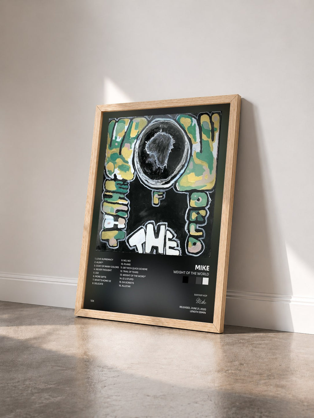 #bois Tableau de l'album weight of the world de Mike vu de trois quarts, cadre en bois brut