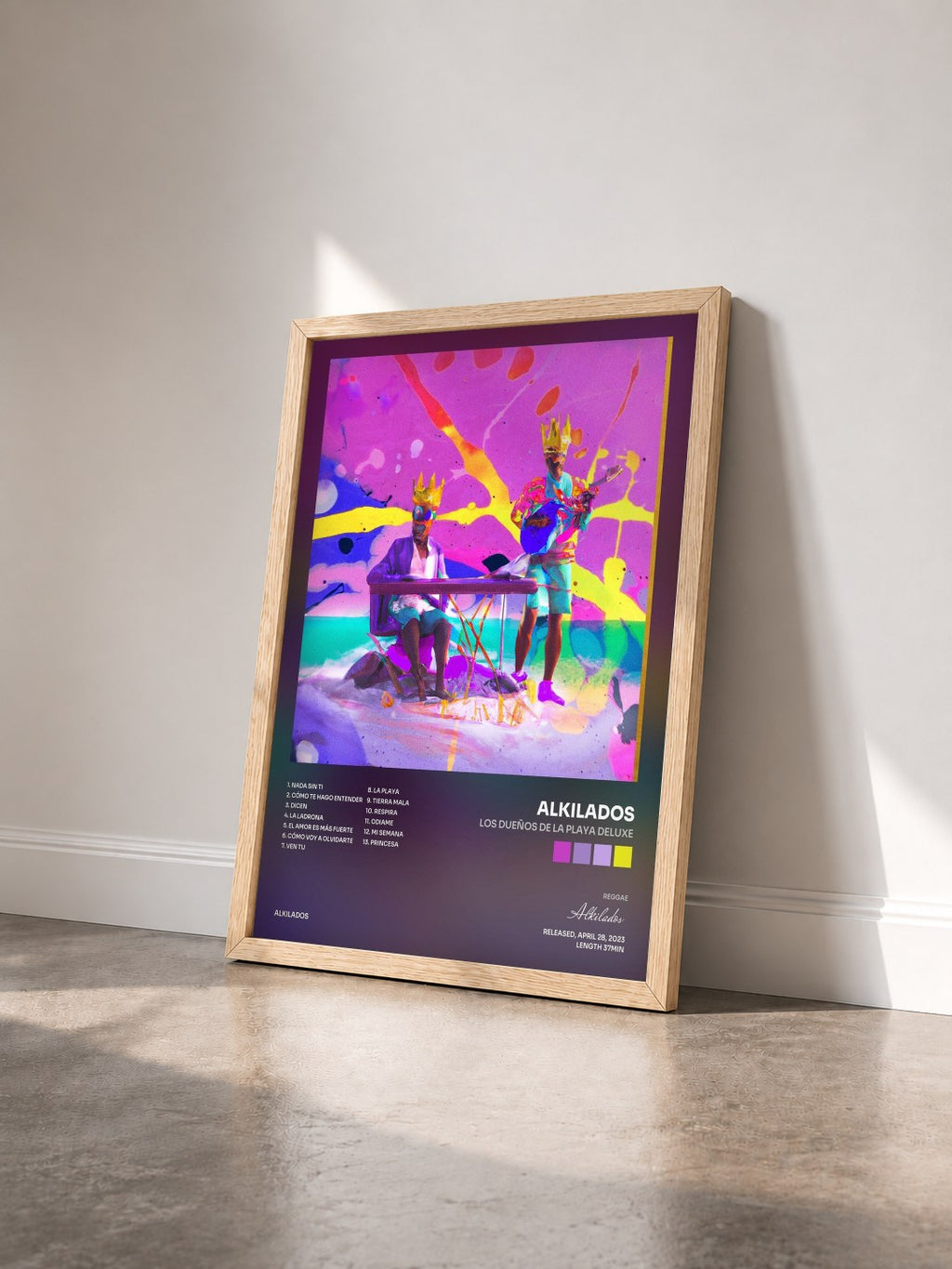 #bois Tableau de l'album Los Dueños de la Playa Deluxe de Alkilados vu de trois quarts, cadre en bois brut