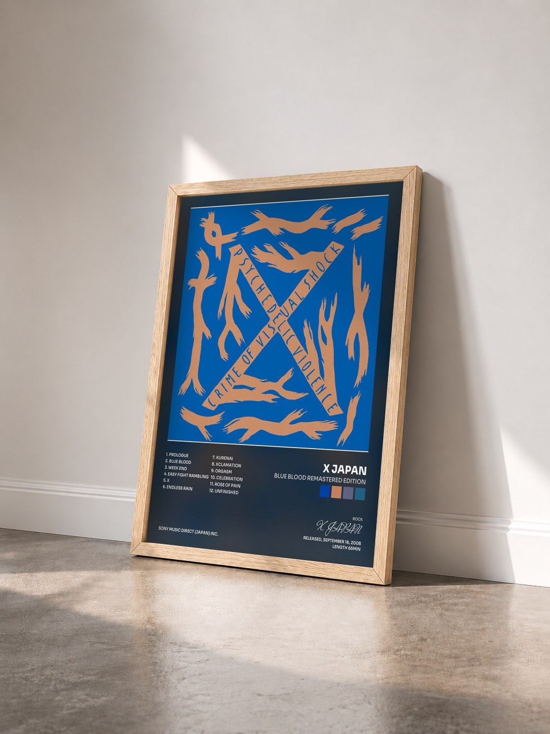 #bois Tableau de l'album BLUE BLOOD REMASTERED EDITION de X JAPAN vu de trois quarts, cadre en bois brut