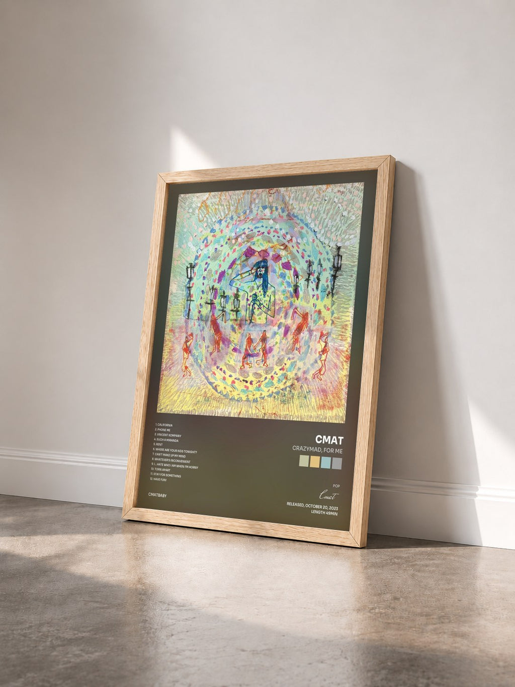 #bois Tableau de l'album Crazymad, For Me de Cmat vu de trois quarts, cadre en bois brut
