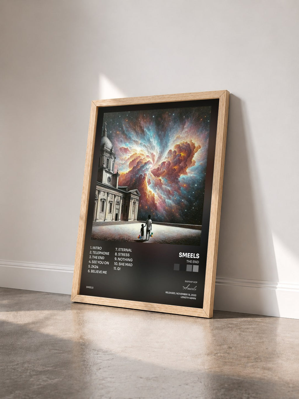 #bois Tableau de l'album THE END de Smeels vu de trois quarts, cadre en bois brut
