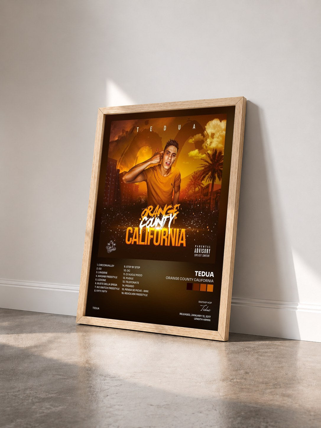 #bois Tableau de l'album Orange County California de Tedua vu de trois quarts, cadre en bois brut