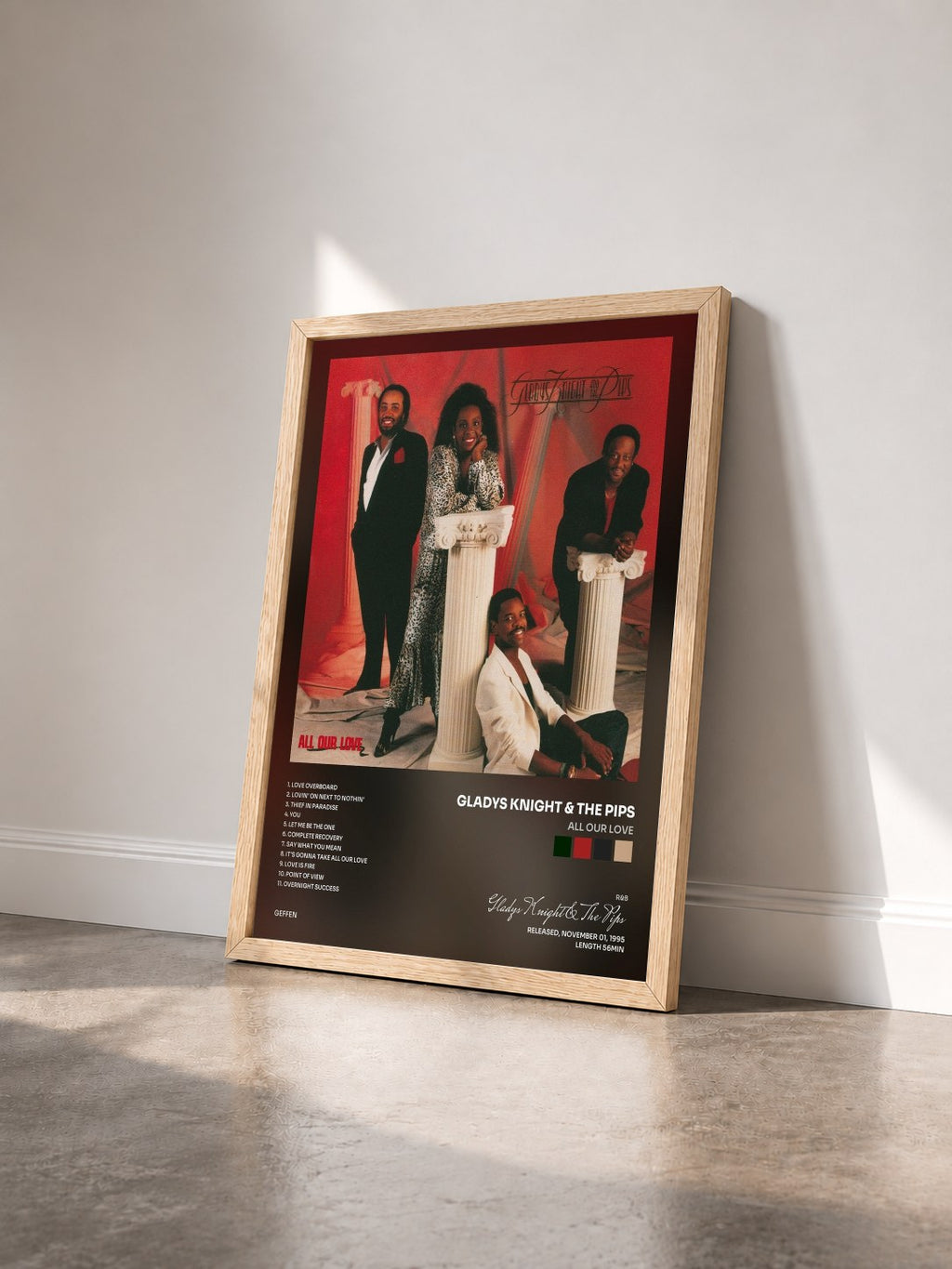 #bois Tableau de l'album All Our Love de Gladys Knight & The Pips vu de trois quarts, cadre en bois brut