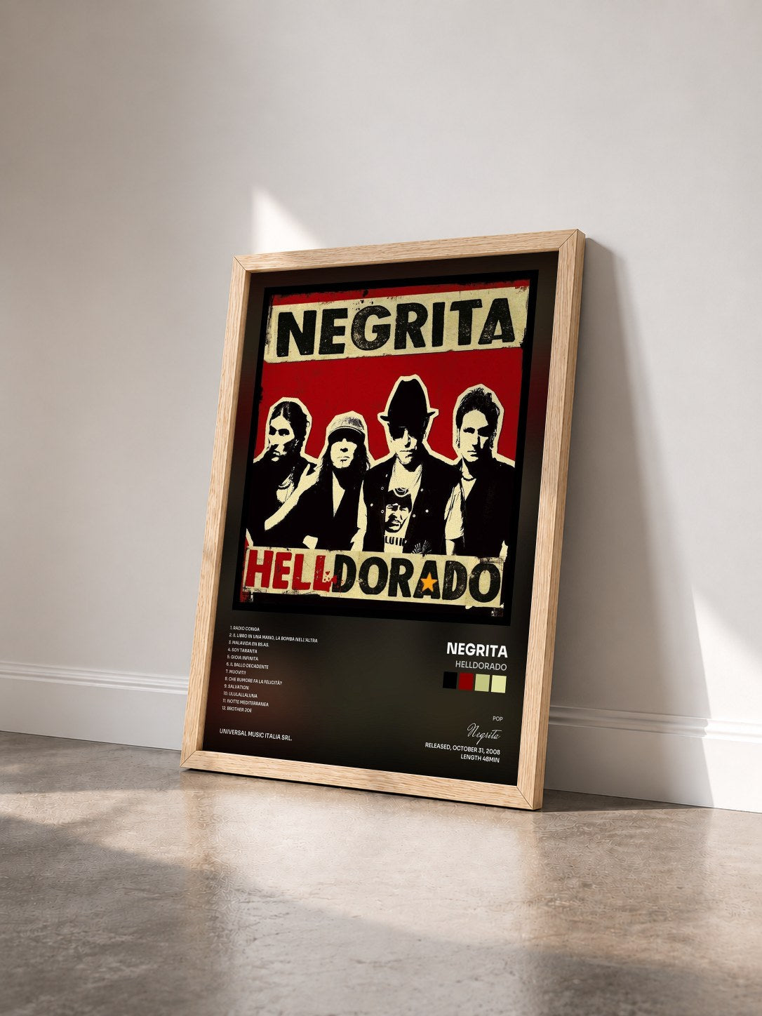 #bois Tableau de l'album Helldorado de Negrita vu de trois quarts, cadre en bois brut