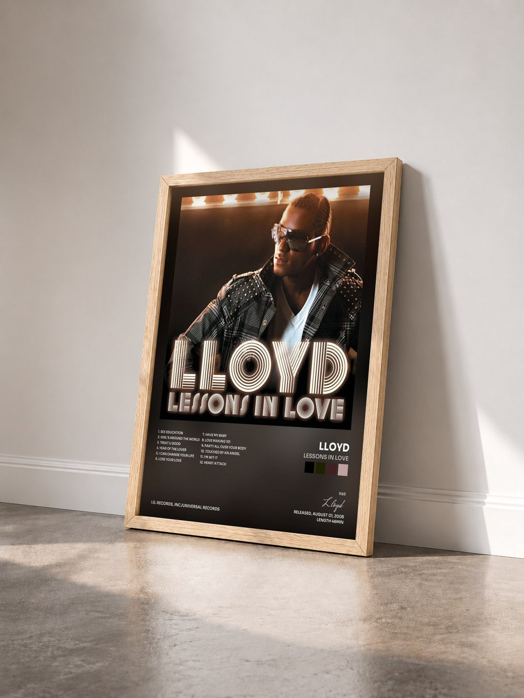 #bois Tableau de l'album Lessons In Love de Lloyd vu de trois quarts, cadre en bois brut