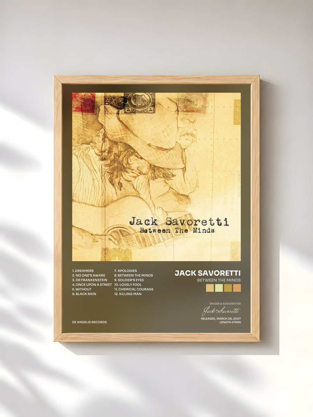 #bois Tableau de l'album Between The Minds de Jack Savoretti, cadre en bois brut, imprimé et encadré en France