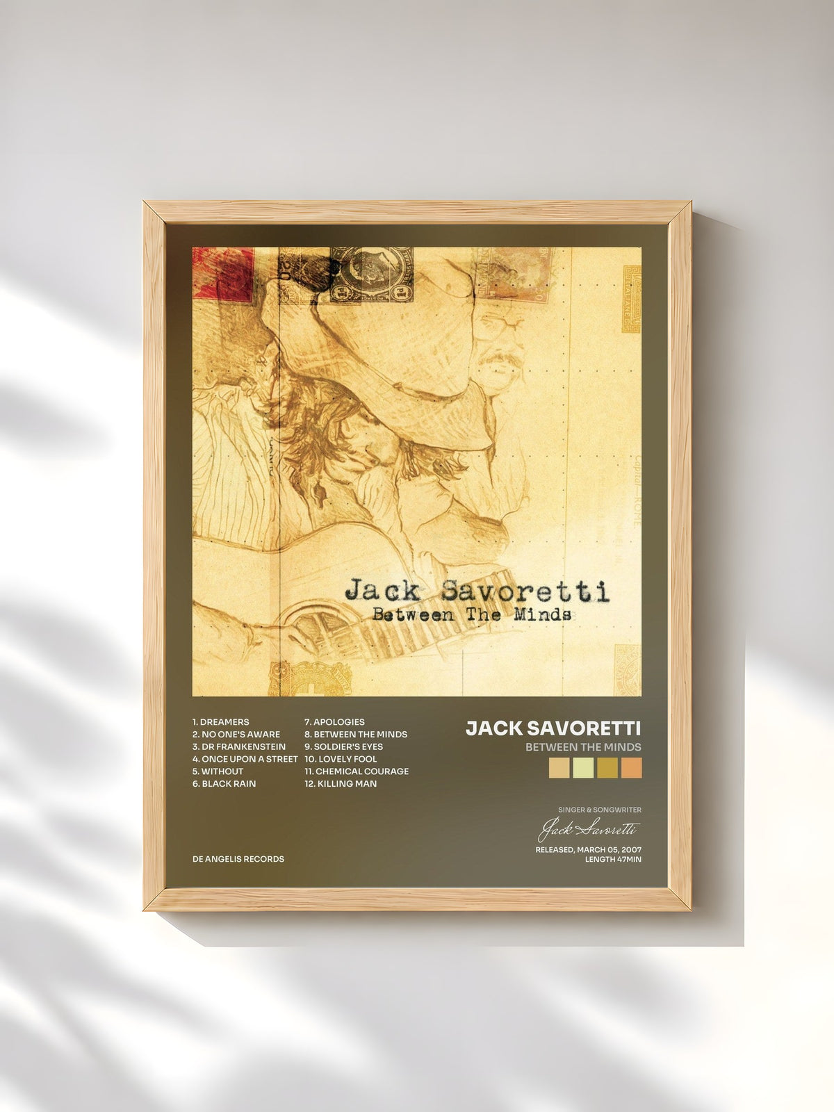 #bois Tableau de l'album Between The Minds de Jack Savoretti, cadre en bois brut, imprimé et encadré en France
