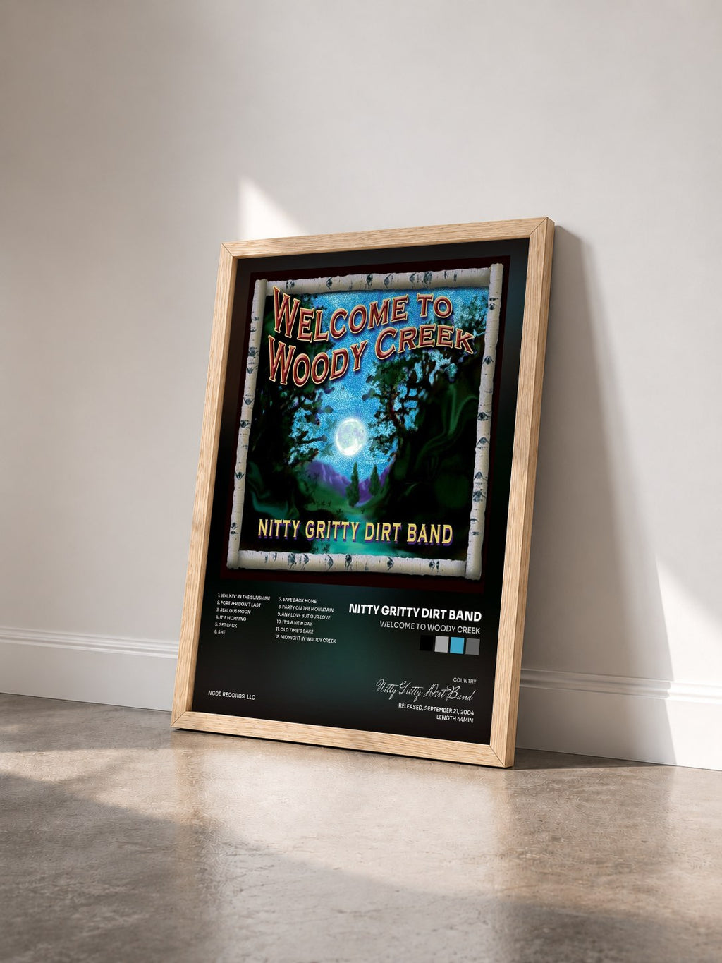 #bois Tableau de l'album Welcome to Woody Creek de Nitty Gritty Dirt Band vu de trois quarts, cadre en bois brut