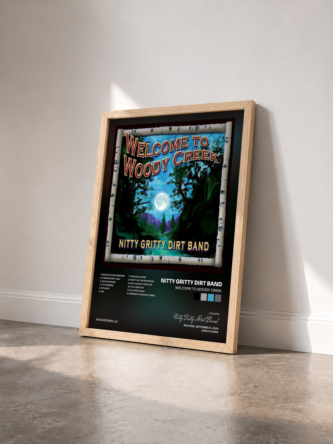 #bois Tableau de l'album Welcome to Woody Creek de Nitty Gritty Dirt Band vu de trois quarts, cadre en bois brut