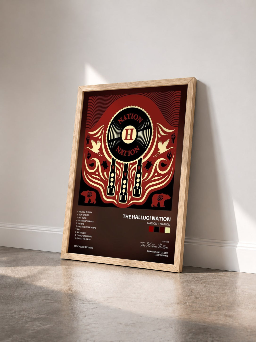 #bois Tableau de l'album Nation II Nation de The Halluci Nation vu de trois quarts, cadre en bois brut
