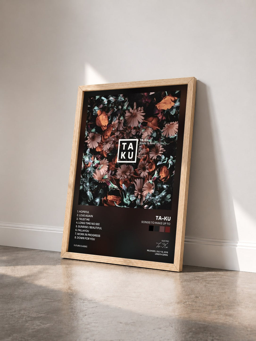 #bois Tableau de l'album Songs To Make Up To de Ta-Ku vu de trois quarts, cadre en bois brut